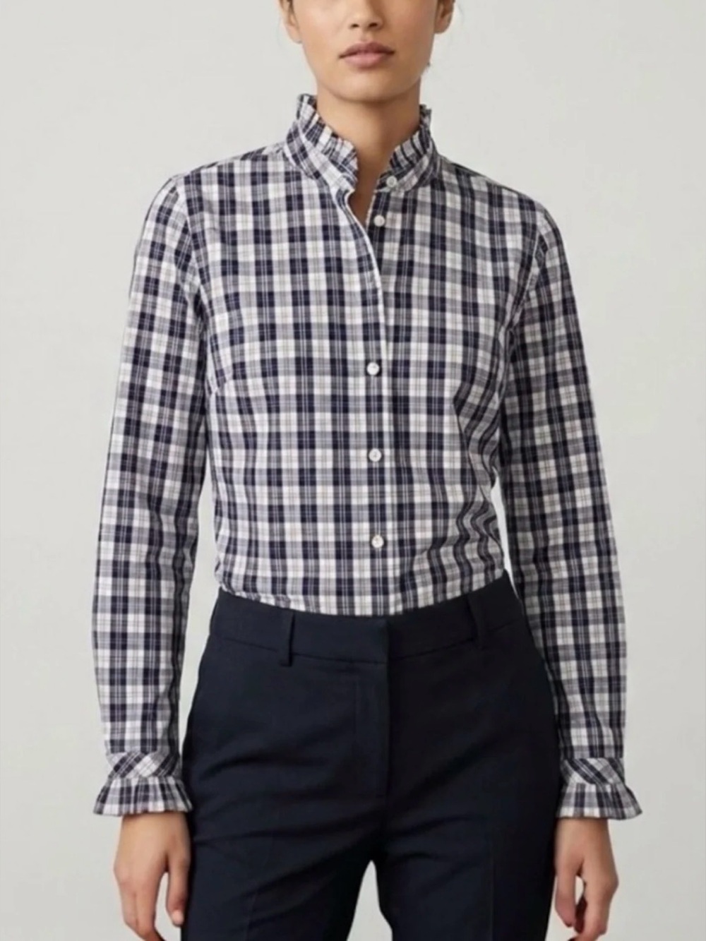 J.Crew Navy & White Plaid Ruffle Collar Button-Down Blouse